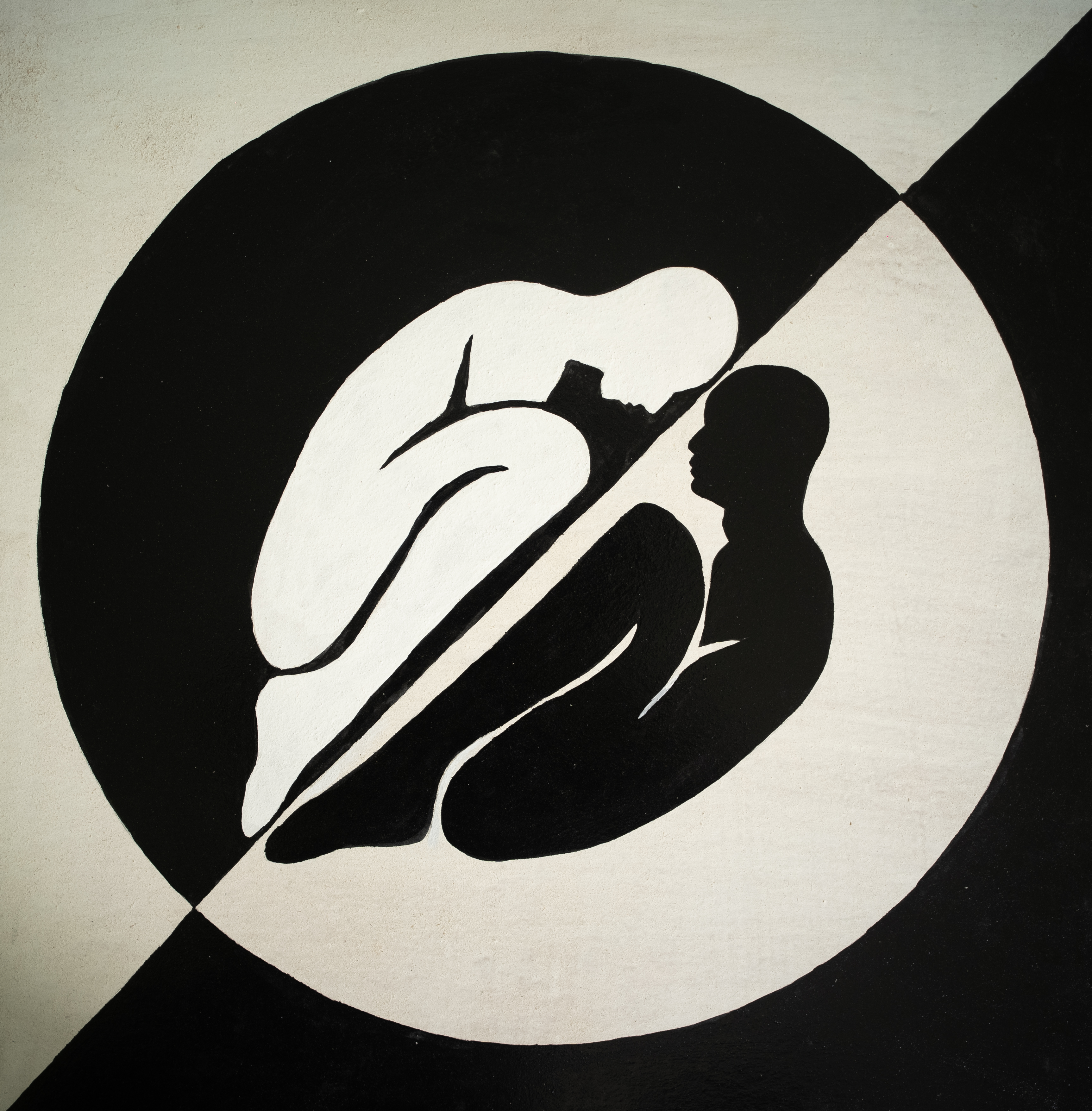 Black-and-white abstracted seated figure enclosed by a circle