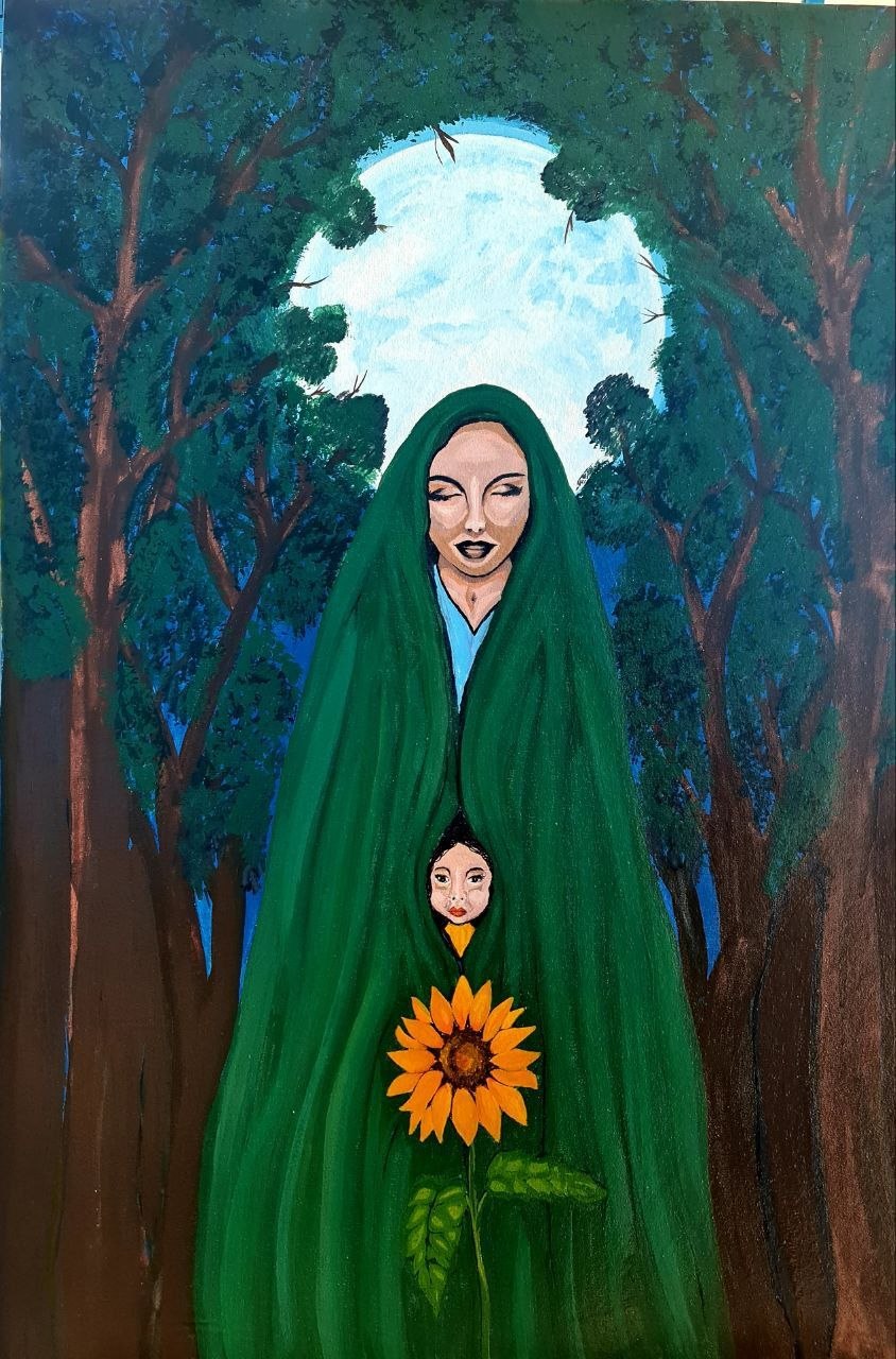 Two figures wrapped in deep green cloth standing among tall trees with a sunflower in front