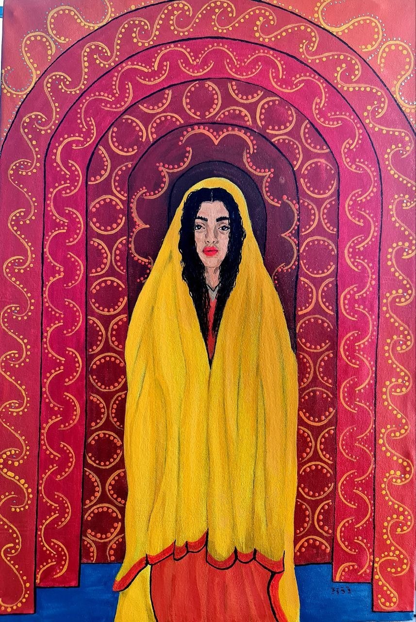 A woman wrapped in yellow cloth framed by layered red arches and dotted patterns