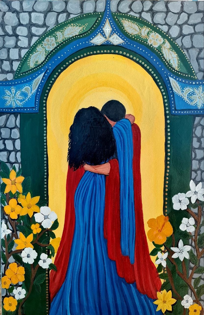 Two embracing figures in red and blue garments framed by an ornate arch and flowers