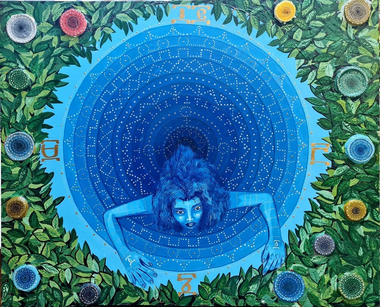 Blue figure emerging from concentric dotted circles surrounded by foliage and circular forms