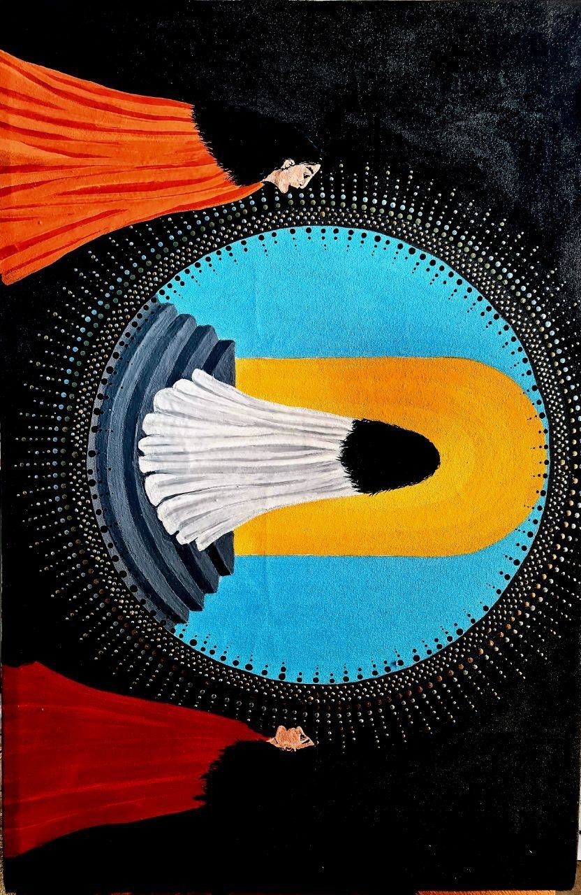 Three figures in white, orange and red garments gathered around a luminous arched doorway